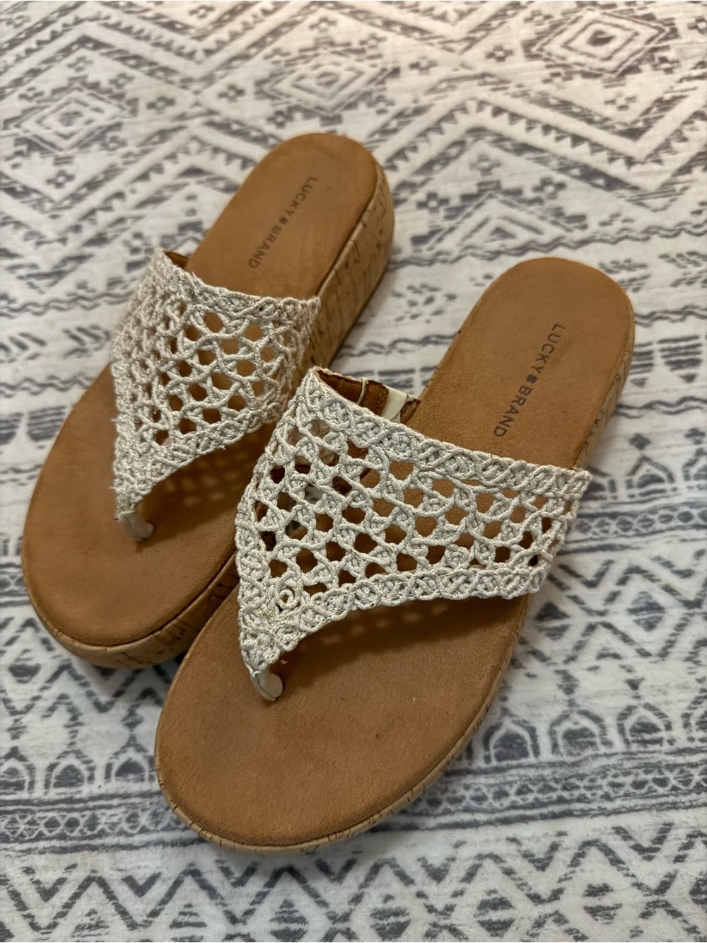 Lucky Brand Cream Crochet Platform Thong Sandals